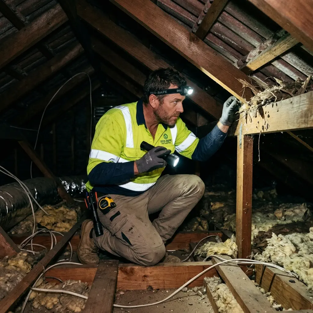 Technician inspecting a roof cavity for a dead animal in Rockbank